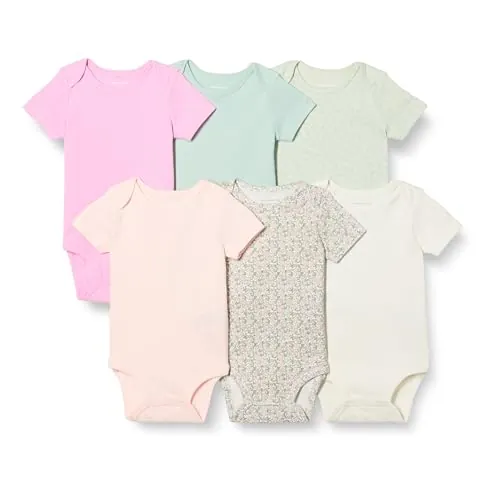 Amazon Essentials Bodies de Manga Corta Unisex Bebés, Pack de 6, Floral/Rosa, 18 meses