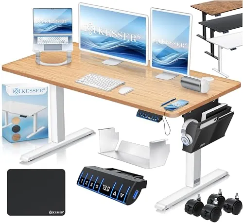 KESSER® Escritorio eléctrico Regulable en Altura, Escritorio Ergonómico de Bipedestación, Control de Memoria de 3 Funciones, Incl. Ruedas de 360° y Puerto de Carga USB, 120x60 cm - Beige