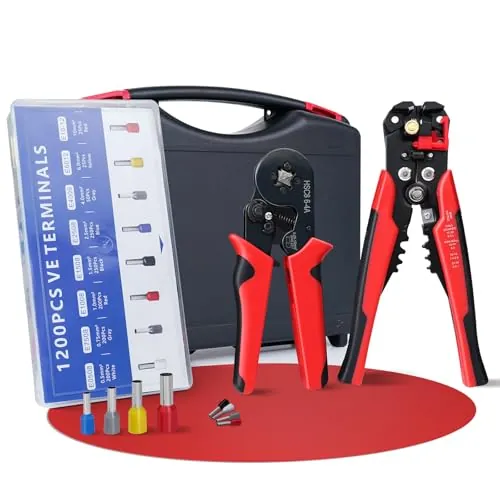 HYCHIKA Crimpadora Kit, Pelacables automático 3 en 1, Juego de alicates de corte con 1200 piezas 0,25-10mm²(AWG 24-8) Terminales, Crimpadora Punteras, Alicates de Crimpado