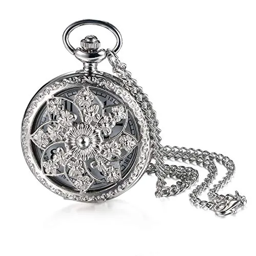 JewelryWe Relojes de Bolsillo Reloj de Bolsillo para Mujer con Cadena Larga, Flores y Mariposa Retro Hueco Colgante para Vestido, Regalo para Mujer en Día de San Valentín
