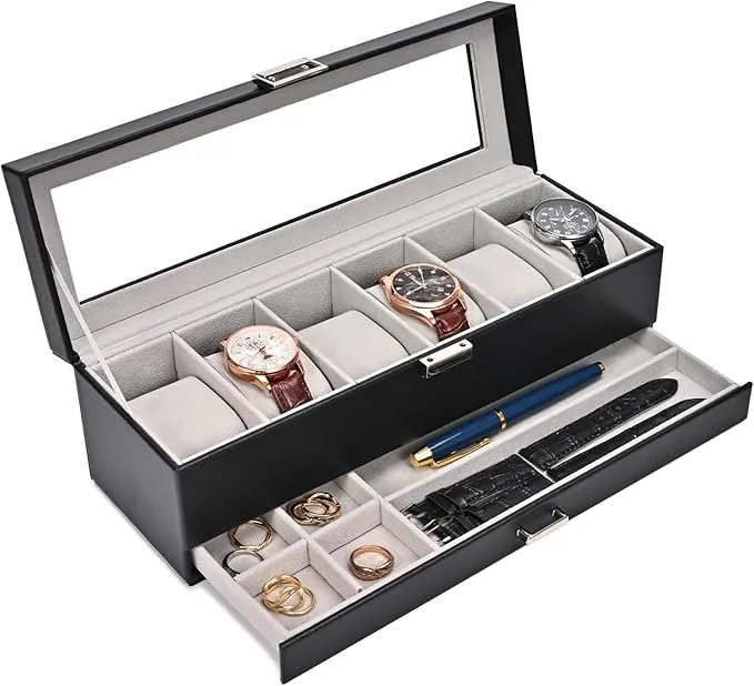 ProCase Caja de Relojes de 6 Ranuras con Cajón, Funda Organizadora de Reloj de 2 capas con Tapa de Cristal, Estuche de Almacenamiento para Hombres y Mujeres -Negro