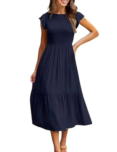 CMTOP Vestido Mujer Verano Largo Vestido Playa Manga Volante Cuello Redondo Sólido Elegante Vestidos Largos Cintura Elástica Casual Vestido en Capas Línea A(Azul Marino,XL)