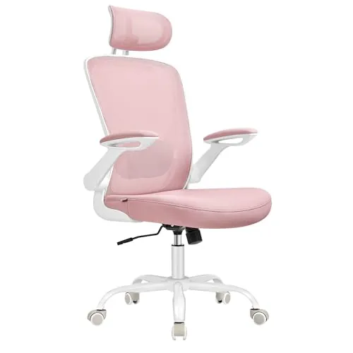 SONGMICS Silla de Oficina, Silla de Escritorio de Malla, Silla Giratoria Ergonómica, Soporte Lumbar, Oscilante, Asiento de 53 cm, Apoyabrazos Abatibles, Reposacabezas, Rosa Jalea OBN047R01