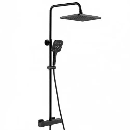 Auralum Columna Ducha Termostatica con Grifo Ducha Termostatico,Cabezal de Ducha Lluvia 12 Pulgadas Rectangular,Alcachofa de Ducha con 3 Modo,Barra de Ducha Altura Regulable,Negro