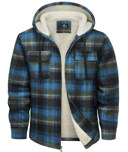 SwissWell Hombres Camisa Chaqueta Cuadros de Franela a Cuadros Gruesos Forro Felpa Casual Forrado Hombres Sudadera Capucha Chaqueta Invierno con Bolsillos(Azul Marino-L)