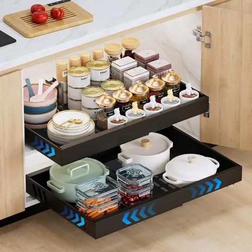 iHomara Paquete de 2 organizadores adhesivos extraíbles para armarios de cocina, cajones deslizables y estantes para la despensa, ancho ajustable de 32 a 53 cm