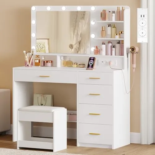Hzuaneri Tocador de Maquillaje, Tocador con Taburete, Enchufe, Blanco