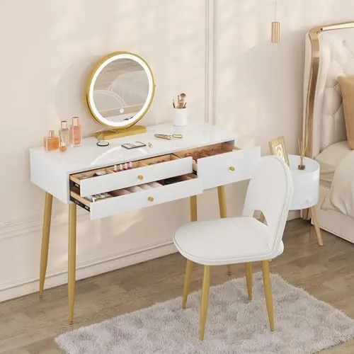 WOLTU Tocador con Espejo LED y Taburete de Terciopelo, Montaje Rápido | Luz Regulable, 3 Cajones de Madera Maciza con Divisor 6 Casillas, Escritorio Maquillaje Moderno, 100x40cm, Blanco + Dorado
