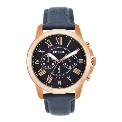 Fossil Reloj para hombre Grant, movimiento de cuarzo cronógrafo, caja de acero rosa dorado de 44 mm con correa de piel auténtica, FS4835, Azul