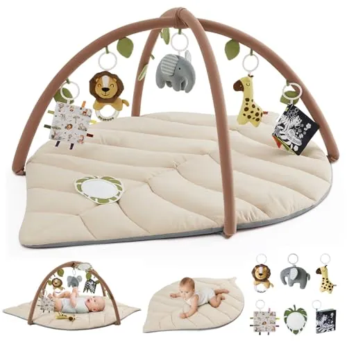 Blissful Diary Gimnasio Bebe, Manta Actividades Bebe De Forma De Hoja Con Arco Desmontable Y 6 Juguetes, Manta Juegos Bebe Para Desarrollo Sensorial Y Motor, Regalo Esencial Para Bebés, Beige Avena