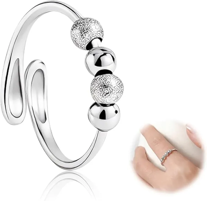 anillo antiestrés para mujer, anillo de plata de ley, con perlas, anillos giratorios ajustables, utilizados para aliviar la ansiedad (Blanco plateado)