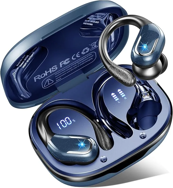 Auriculares Inalámbricos Deportivos Bluetooth 5.4, 75H de Autonomía, HD Mic, HiFi Estéreo, Cancelación de Ruido ENC, IP7 Impermeable, Azul