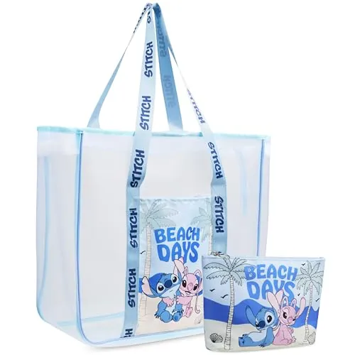 Get Trend Disney Stitch Bolso de Playa Mujer Adolescente Bolsa de Verano con Neceser Pequeño Viajes Accesorios para Mujer (Stitch Angel Azul)