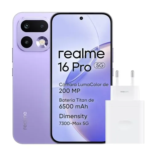 realme 16 Pro 5G Smartphone, 8GB+256GB, Pantalla AMOLED 144Hz 6,78", Batería 6500mAh, Cámara 200MP OIS, IP69K, Carga Rápida 45W, Dual SIM, Next AI, Violeta (con Adaptador)