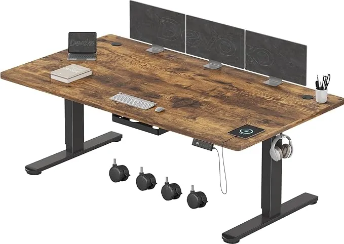 Devoko Escritorio Elevable Eléctrico 180 x 80 cm de Carga USB C, Escritorio Ajustable en Altura con Tablero, 3 Función de Memoria y Anticolisión, Regulable en Altura 72-118cm, Marrón