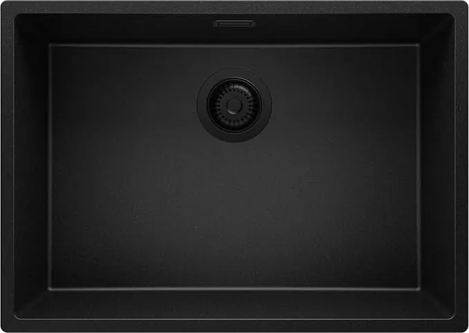 PRIMAGRAN Fregadero bajo Encimera Todo Negro 66x47cm, Cocina 1 Seno + Sifón, Granito al mueble 70cm - London S280