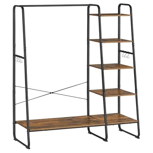 VASAGLE Burro Perchero, Perchero con Zapatero, 5 Estantes de Almacenamiento, 6 Ganchos Laterales, Dormitorio, Sala de Estar, Pasillo, Diseño Industrial, Marrón Rústico y Negro Mate RGR116B01