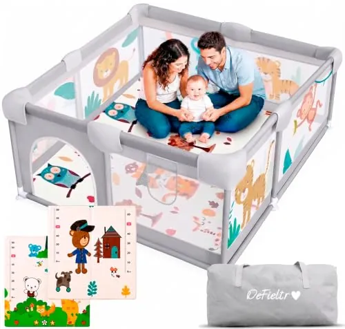 DeFieltro Parque Infantil Bebe 120x120 - Corralito Bebe con Malla de Animales Transpirable - Corral Plegable Baby ANTIDESLIZANTE - Alfombra Acolchada + 4 Anillas + Bolso de Transporte