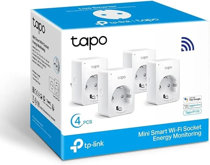 Tapo P110 (4 paquetes) – Mini enchufe inteligente Wi-Fi (con monitoreo de energía), programación encendido/apagado, ahorro de energía, compatible con Alexa y Google Home