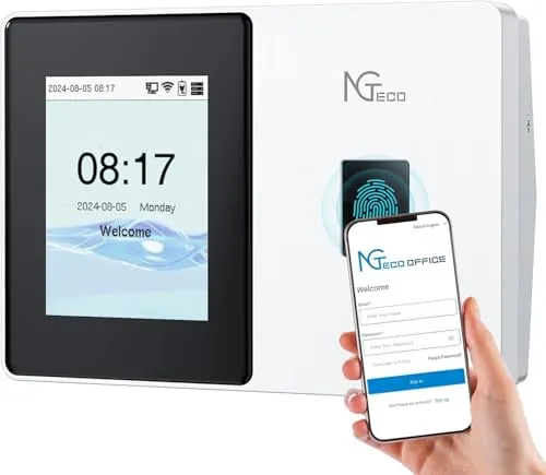 NGTeco Control Horario Empleados,Terminal Biométrica WiFi 5GHz con App Móvil y Gestión en la Nube, Control Remoto (Sin Cuotas Mensuales) para Pequeñas Empresas