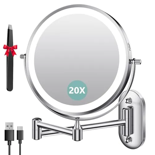 Auxmir 8″ Espejo Maquillaje con Luz Pared 1X/20X Aumento Recargable 3200mAh