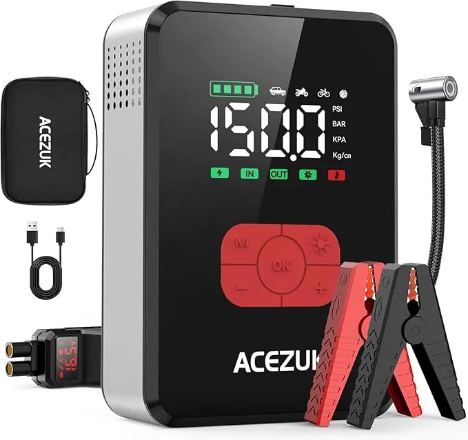 ACEZUK 7000A Arrancador de Baterias de Coche con 150PSI Compresor de Aire, Arrancador Coche Portatil con Inflador(Todo Gas o 12.0L Diésel), 12V Jump Starter, Pantalla Grande LCD, 600 Lúmenes LED