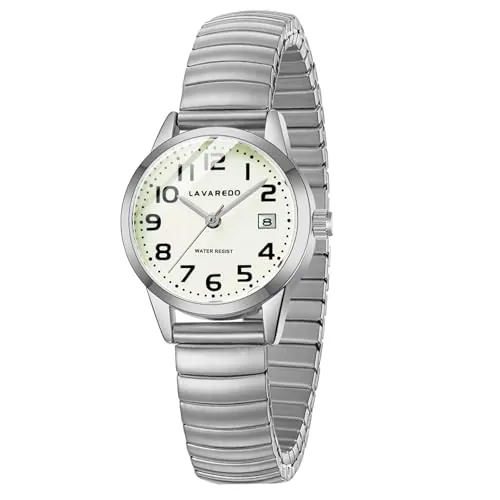 Timever Reloj de Cuarzo Analógico Elegante para Mujer - Correa de Acero Inoxidable - Esfera con Números Grandes Luminosos y Fecha - Regalo para Esposa y Novia(Plata)