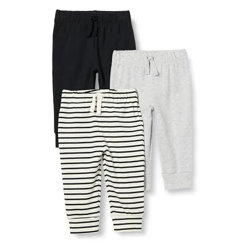 Amazon Essentials Pantalones con Cintura Elástica de Algodón Unisex Bebés, Pack de 3, Gris Claro Mezcla/Negro/Rayas, 18 meses