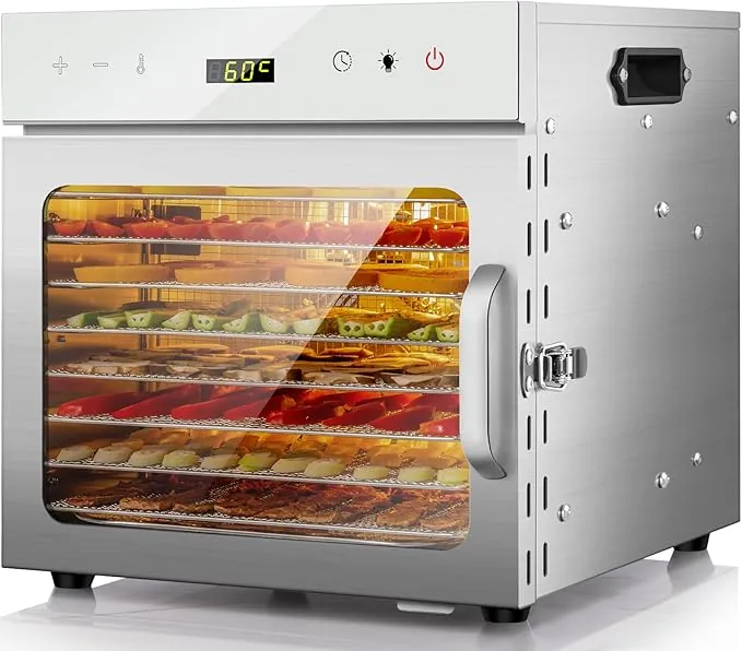 Kwasyo 8 Bandejas Deshidratador de Alimentos, Recetas Temperatura Ajustable 30-90℃, Acero Inoxidable Completo, Temporizador de 24 horas, Deshidratadora de Frutas, BPA Free