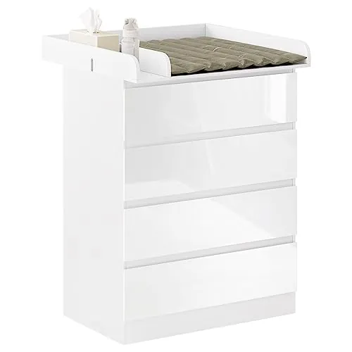 WOLTU Cambiador Bebe con 4 Cajones, Cómoda Cambiador Pañales, Cómoda para Dormitorio, Gran Almacenamiento, Fácil de Limpiar, Blanco, 80x75x109,2 cm
