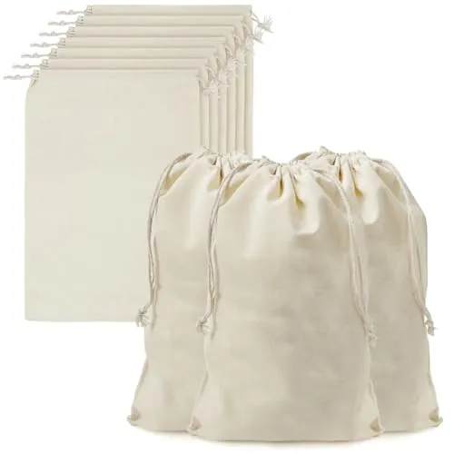 Belle Vous Bolsa Tela Algodón Muselina para Guardar Productos con Cordel (Pack de 10) 30 cm de Largo x 20 cm de Ancho - Bolsas Reutilizables Fruta, Vegetales – Bolsa Compra