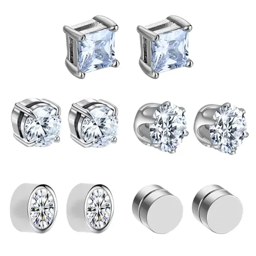 5 Pares 6mm Pendientes Magnéticos para Hombre, Pendientes de Diamante Imitación Acero Quirúrgico Sin Perforación con Zirconia Cúbica para Mujeres, Regalos para Cumpleaños y Navidad