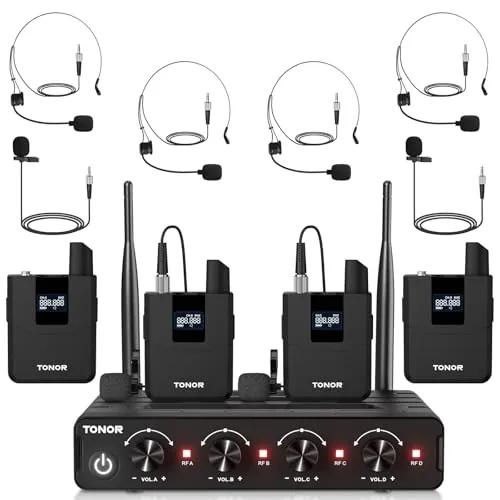 TONOR Set de Micrófono Inalámbrico UHF con 4 Transmisores Bodypack/Headset/Lavalier, 4x5 Frecuencias, Alcance de 60m para Canto, Karaoke, Iglesia, DJ, Sistema de PA y Altavoces, TW364