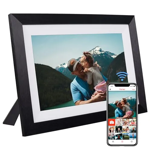Marco de Fotos Digital WiFi Moldura Digital en Madera Natural 32GB Digital Photo Frame Pantalla Táctil IPS 10.1” Rotación Automática Soporte USB/SD Marco Digital Comparte Fotos con Frameo (Negro)