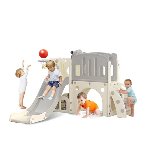 hoopyosms Tobogán para Niños Pequeños con Escalera, Aro de Baloncesto y Túnel, Conjunto de Tobogán Infantil de Plástico para Interiores, Juguetes para Patio de Juegos Montessori, Gris