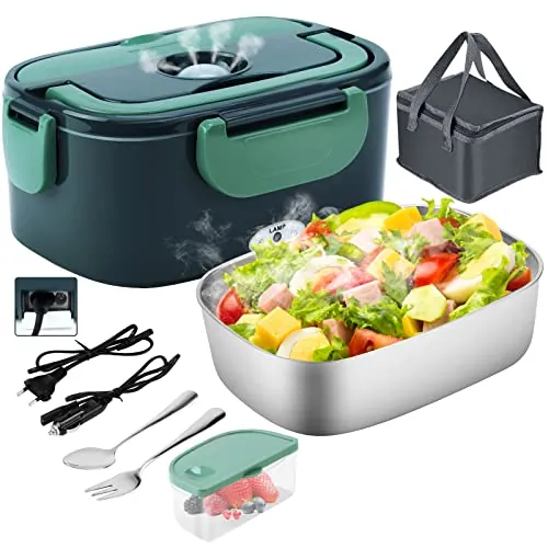 Gentre Fiambrera Electrica 4 en 1 12V/24V/220V~240V Calentador de Comida Portatil con Termo para Coche Camión y Trabajo 1.5L 60W en Acero Inoxidable con Tartera Bolsa Térmica y Juego de Cubiertos