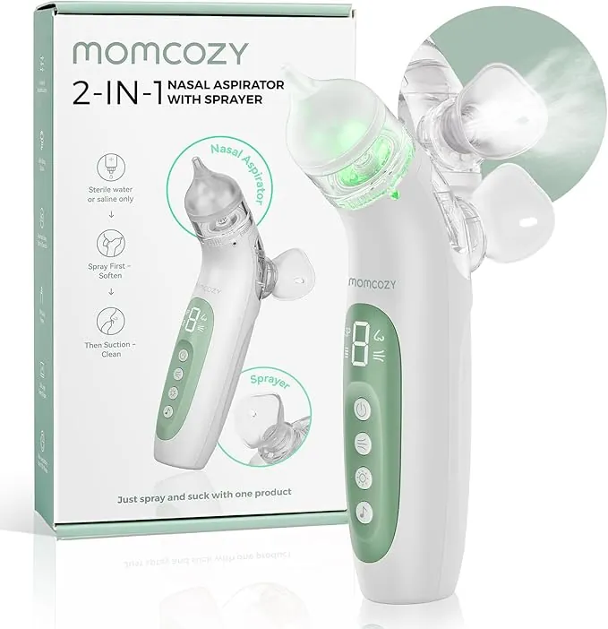 Momcozy Aspirador Nasal Bebe Electrico con 4 Niveles Ajustables, 2 en 1 con Pulverización y Succión de 65 kPa de Grado Hospitalario, Silencioso y Portátil Aspirador Nasal para Bebe con Luz & Música