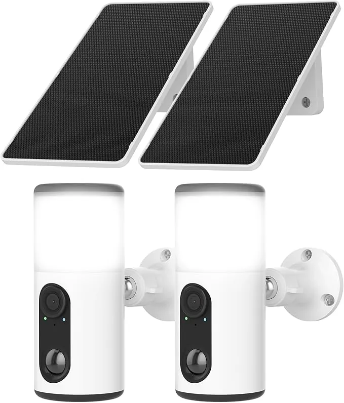 ANRAN 2K Cámara Vigilancia WiFi Exterior con Luz de Pared, Seguridad Cámara Inalámbrica con Panel Solar+Bateria Recargabl, luz activada por Movimiento, Detección PIR, Visión Nocturna Color, IP66, 2PCS