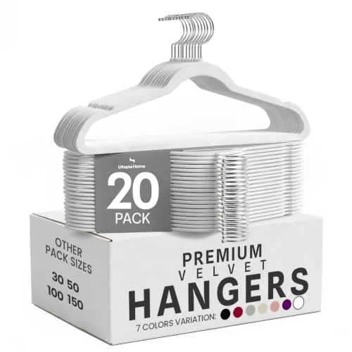 Utopia Home Premium Perchas de Terciopelo Antideslizantes, Duraderas Perchas Negras con Gancho Giratorio de 360 Grados Percha de Gran Resistencia (Blanco, Paquete de 20)