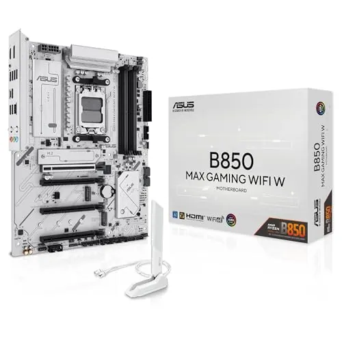 ASUS B850 MAX Gaming WiFi W - Placa Base AMD B850 ATX, Blanco, DDR5, PCIe 5.0, Ranuras M.2, Wi-Fi 6E, 2.5Gb Ethernet, DisplayPort, HDMI, USB Tipo-A y Tipo-C, BIOS Flashback, Aura Sync