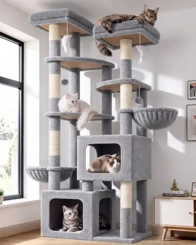 Globlazer Arbol Rascador para Gatos alto 189 cm con 2 Nidos Grande 45*40*35cm, 3 Plataforma Amplio 45*40CM, 2 Percha, 2 Cesta, Enorme Torre para Gatos Grandes Maine Coon Adultos (S74E, Gris Claro)
