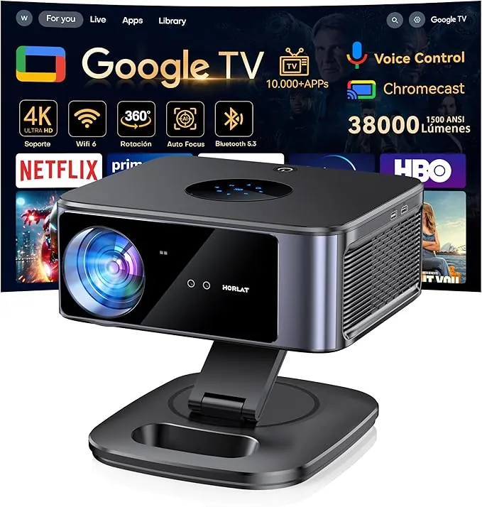 Proyector 4K【1500 ANSI/Google TV/Netflix Oficial】 Horlat 38000Lúmenes Proyector Portatil, Gira 360 °,Full HD 1080P Nativo, WiFi6 &Bluetooth 5.3, Control de Voz Projector en Casa/Exterior