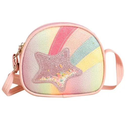 lomdung Bandolera para Niña, Rainbow Bandolera para Niñas, Bolso Bandoleras Infantil con Purpurina, con Correa Ajustable, para Niñas, Cumpleaños, Escuela, Regalo Reyes, Rosa Claro