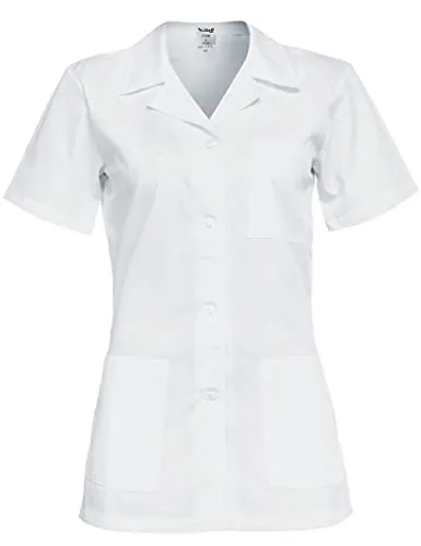 B-well Gabi Casaca Uniforme Empleada Hogar Con Botones - Enfermeras, Limpieza Mujer, Manga Corta, Cuello V y Solapa - Blanco M