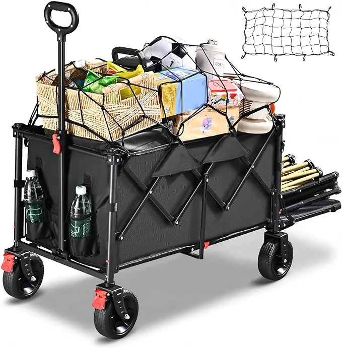 YEAUPE PRO XXL Carro Playa Ruedas Grandes 160-240L / 200kg – Fondo abatible para Objetos Largos, Frenos, para Camping, Pesca y Transporte Familiar – Red elástica incluida, Negro
