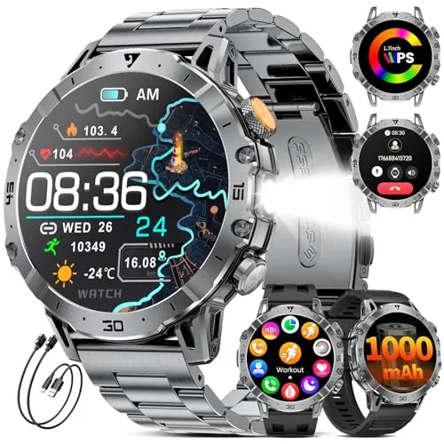 Reloj Inteligente Hombre con 1000 mAh/LED Linterna/Llamada Bluetooth, 1,7'' Smartwatch Militar con 110+ Modos Deportivos,Impermeable, Frecuencia Cardíaca, Android iOS,3 Pulseras+2 Cargadores,EF18-A