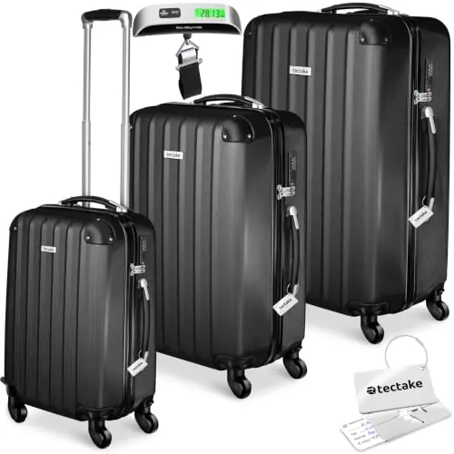 tectake® Juego de Maletas de Viaje Rígidas, ABS, Maleta Mediana, Maleta Grande, Maleta de Cabina, Equipaje de Mano, Bascula Maletas Viaje, Cerradura Combinación, Resistente a Golpes - Negro