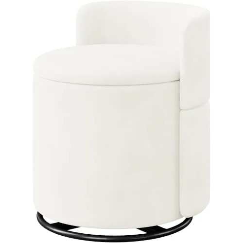 Yaheetech Puff Almacenaje Redondo, Giratorio 360°, 40 L, Carga 136 kg | Puff Tocador con Respaldo, 47.5x46.5x59.5 cm, Taburete Almacenaje en Terciopelo, para Salón y Dormitorio, Blanco