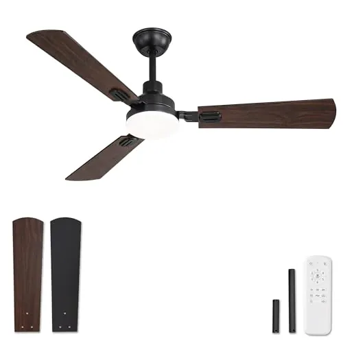 Ventilador de Techo Con Luz LED 132 cm, Mando A Distancia, Interior Y Exterior, CCT 3000K-6000K, Motor DC Reversible, Silencioso, 6 Velocidades, Temporizador 1H/4H/8H, 3 Aspas Negras + Nogal Oscuro