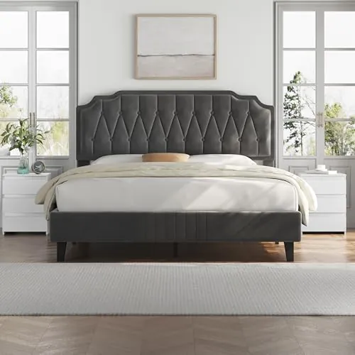 Yaheetech Cama Tapizada en Terciopelo Cama Matrimonio 140×200cm Gris Oscuro